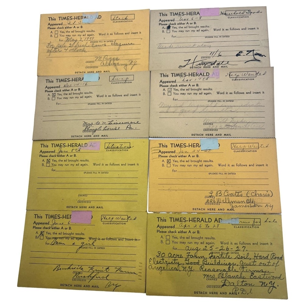 27 Vintage 1937-38 Olean Times-Herald NY Business Reply Cards Ephemera Stamped